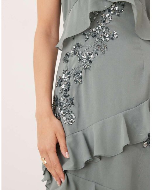 Maya Natural Embellished Strappy Ruffle Maxi Dress