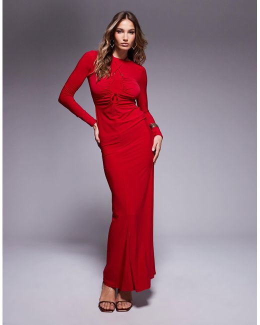 ASOS Slinky Long Sleeve Maxi Dress With Ruched Gold Trim Detail in Red | Lyst ASOS Slinky Long Sleeve Maxi Dress With Ruched Gold Trim Detail in Red | Lyst