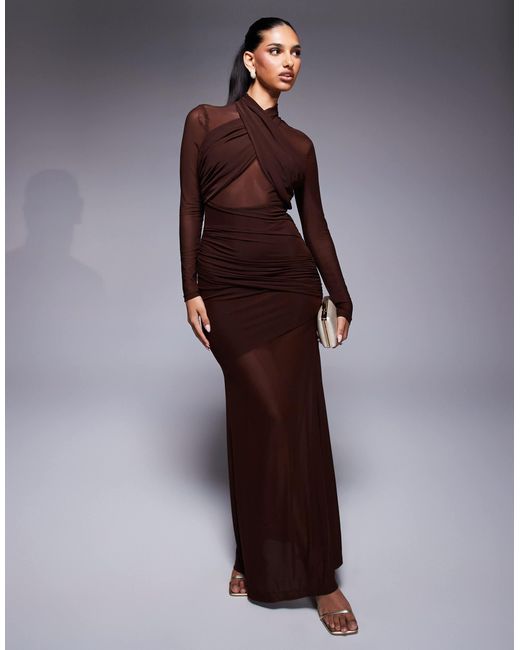 Bardot Brown Veria Wrap Mesh Maxi Dress