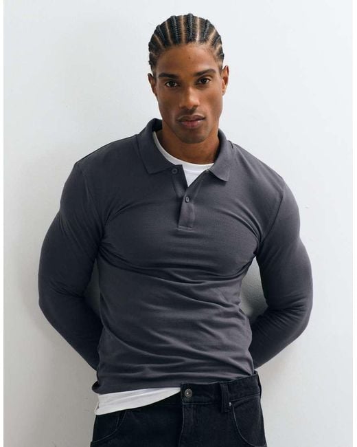ASOS Blue Essentials Long Sleeve Muscle Fit Polo for men