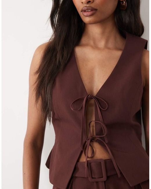 Miss Selfridge Brown Tailored Tie Front Top