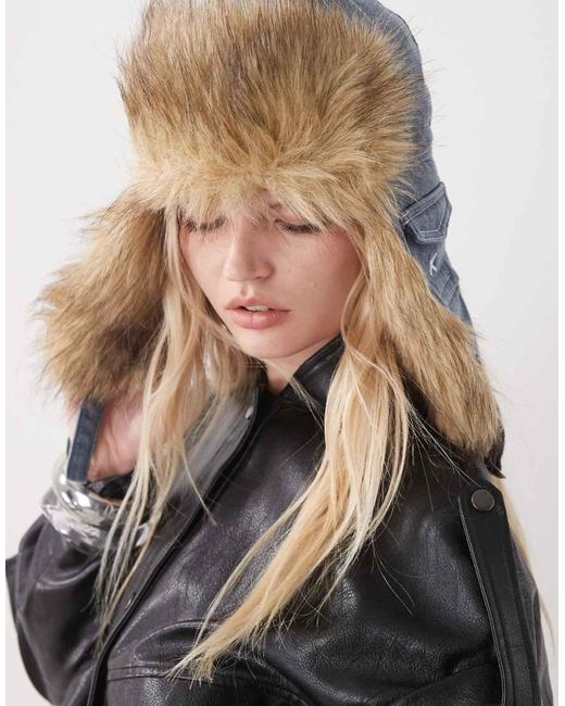 Collusion Black Denim Vintage Trapper With Faux Fur Trim