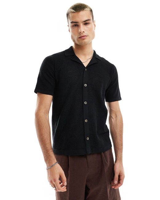 Only & Sons Black Revere Collar Open Knit Shirt for men