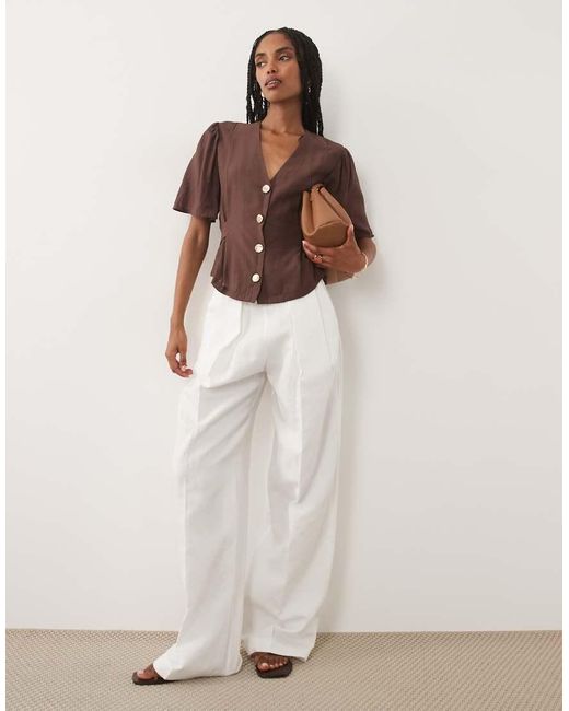 Threadbare Brown V-neck Blouse With Contrast Buttons