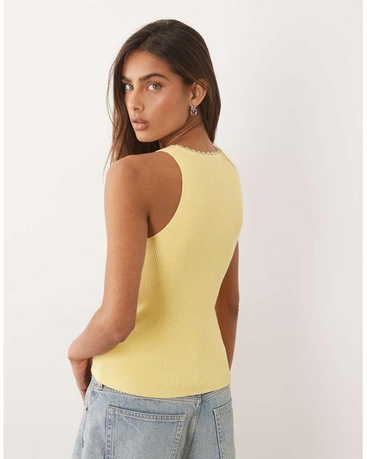 Mango Green Ribbed Vest With Lace Trim