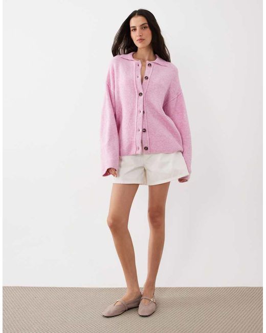 ASOS Pink Knit Collar Shirt Cardigan With Seam Detail