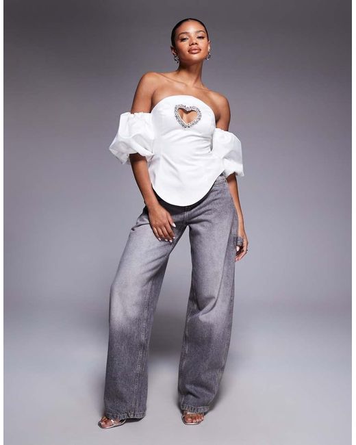 ASOS Gray Puff Sleeve Embellished Heart Cut Out Top