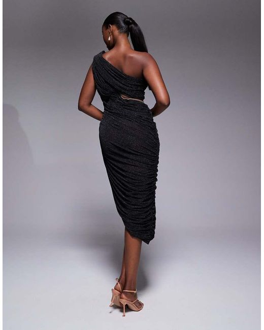 JLUXLABEL Blue Aura One Shoulder Draped Cut Out Asymmetric Midi Dress