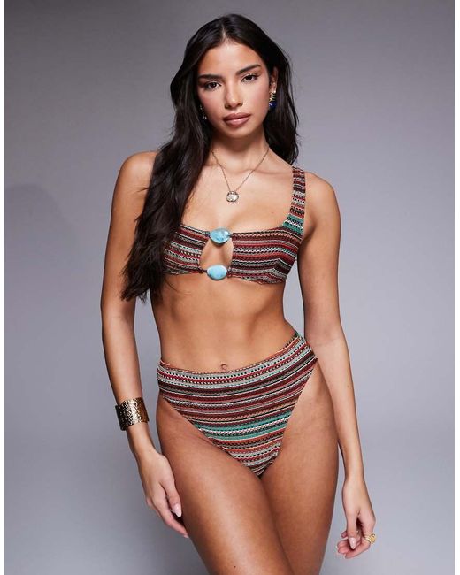 ASOS Brown River Crochet Stripe Azores High Leg High Waisted Bikini Bottom