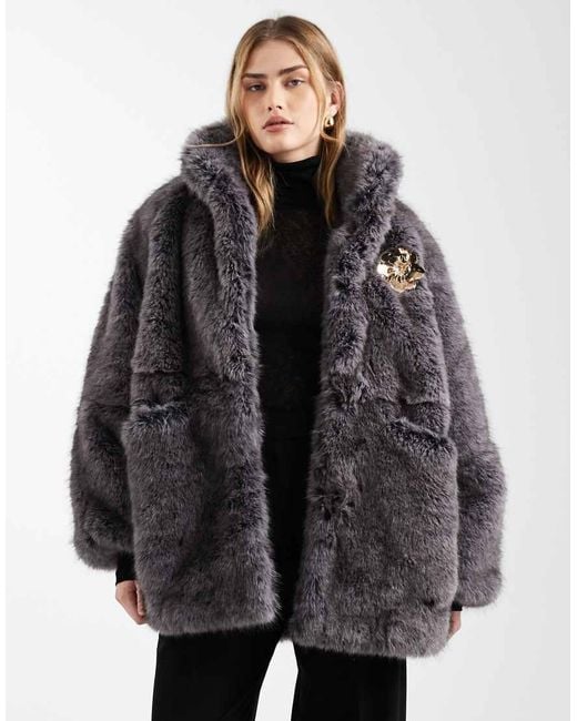 ASOS Black Vintage 80s Faux Fur Jacket With Gold Brooch Detailing