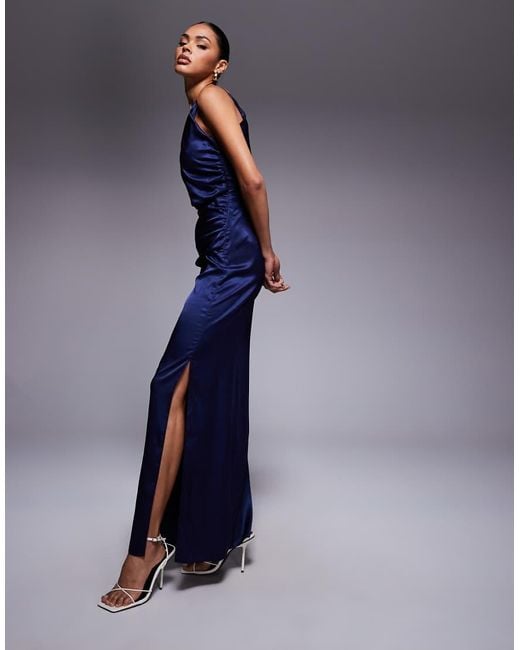 Vesper Blue One Shoulder Ruched Satin Maxi Dress
