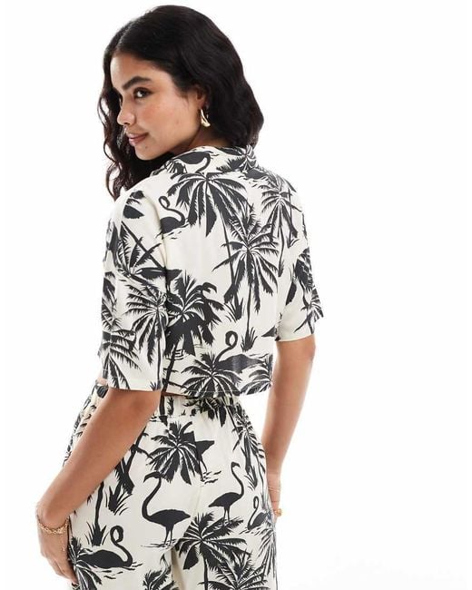 Noisy May Gray Cropped Boxy Resort Shirt Co-ord With Palm Print