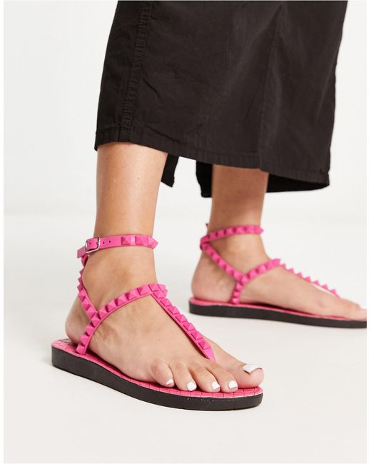 London Rebel Studded T-bar Ankle Strap Jelly Sandals in Black | Lyst