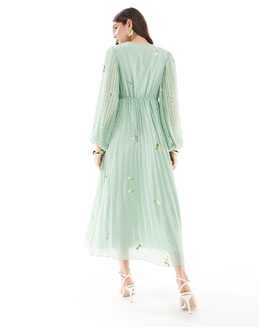 ASOS Green Pleated Wrap Button Detail Midi Dress Wtih All Over Embroidery