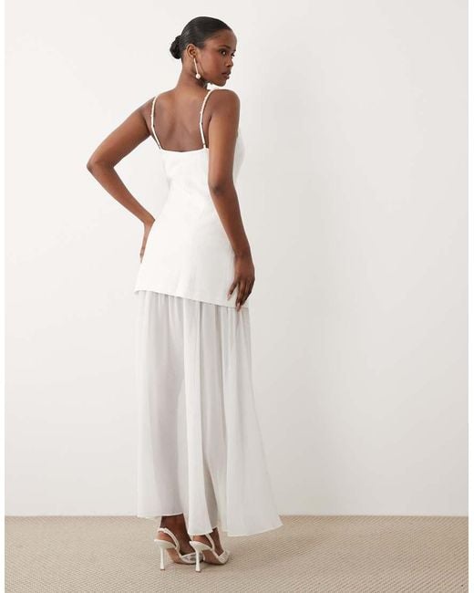 Forever New Natural Linen Mix Mesh Skirt Pearl Strap Maxi Dress