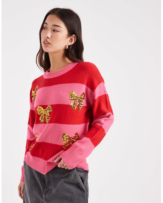 Brave Soul Red Crew Neck Stripe Jumper With Sequin Bow Detail