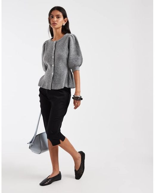 Pieces Gray Puff Sleeve Waist Detail Cardigan