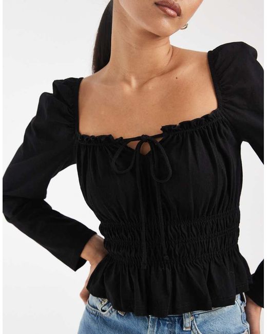 Miss Selfridge Black Long Sleeve Milkmaid Top