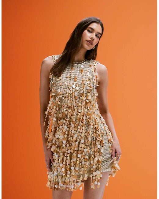 Vestido Corto Beis De Croché Con Flecos De Cuentas De Efecto Conchas De -Neutro ASOS de color Orange