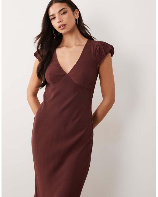 ASOS Brown Puff Sleeve V-neck Maxi Tea Dress