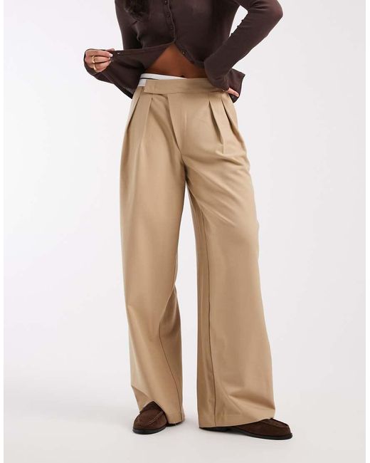 ASOS Natural Decon Tailored Wide Leg Deconstructed Contrast Waistband Trousers