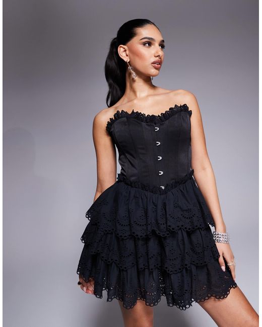 ASOS Blue Bandeau Corset Mini Dress With Broderie Tiered Skirt