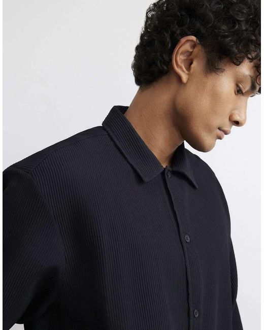 River Island Blue Boxy Fit Long Sleeve Plisse Shirt for men