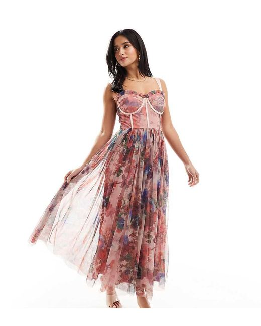LACE & BEADS Red Corset Tulle Midi Dress
