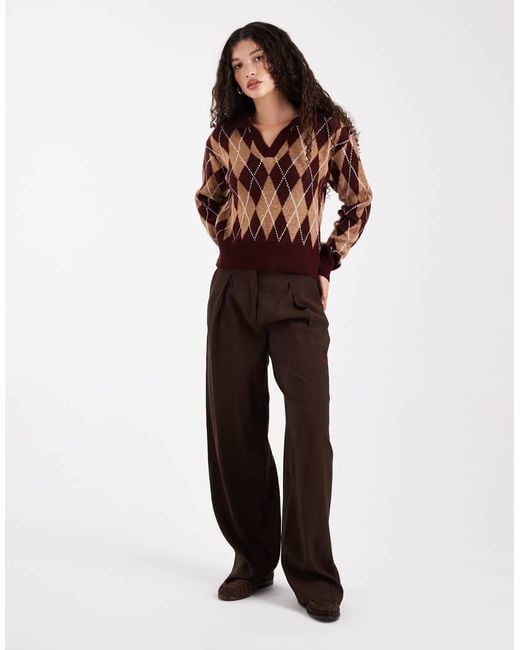 New Look Brown Argyle Polo Jumper