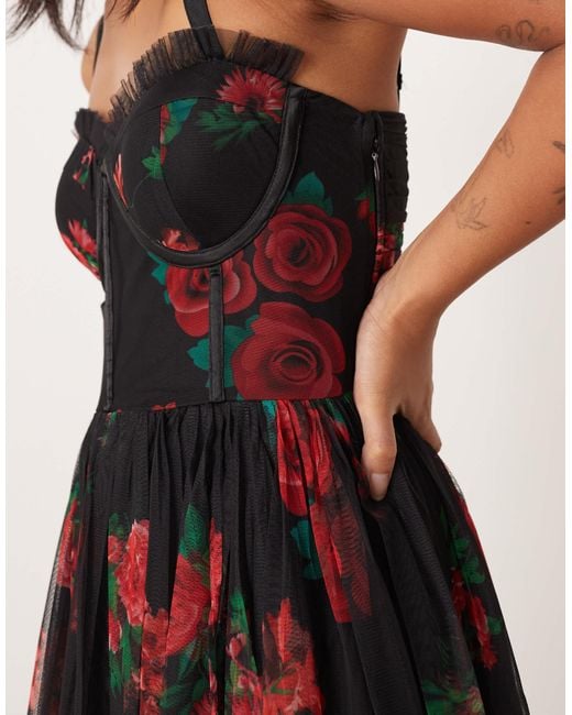 LACE & BEADS Women's Red Tulle Corset Midaxi Dress