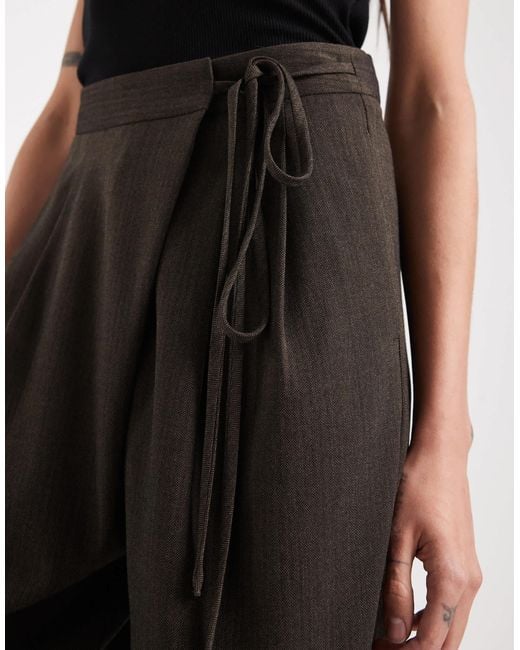 ASOS Brown Asos Design Tall Tailored Wide Leg Pants With Wrap Tie Detail