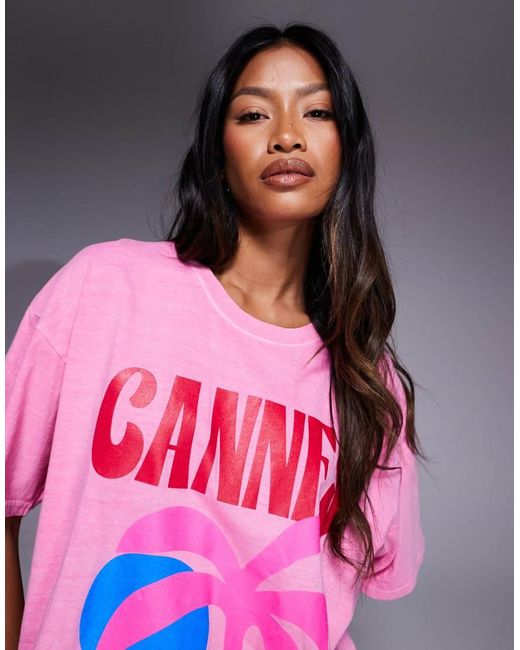 Kaiia Pink Exclusive Cotton Cannes Contrast Graphic Oversized T-Shirt