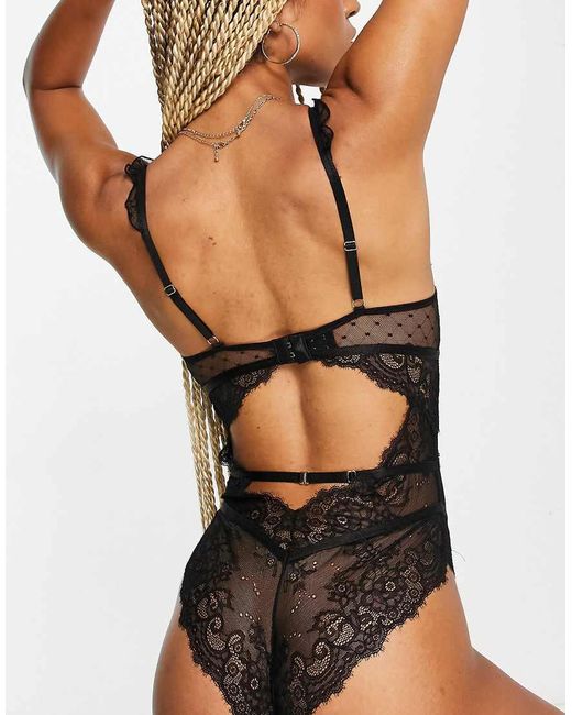 Ann Summers Black Sweetheart Lace And Spot Mesh Underwired Bodysuit With Lace Frill Strap Detail