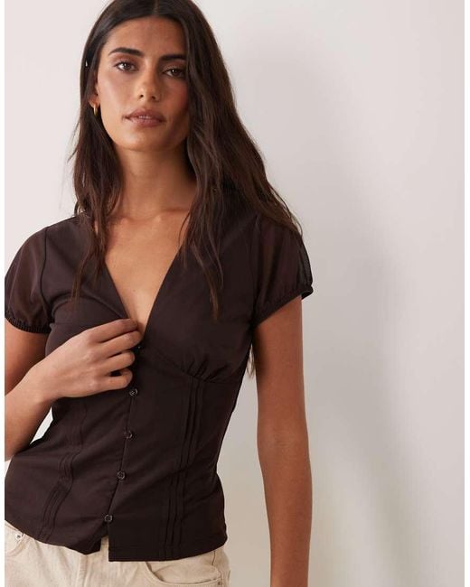 New Look Brown Lace Trim Mesh V-Neck Top
