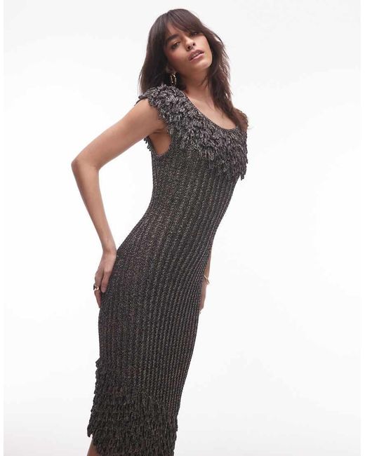 & Other Stories Gray Knitted Midi Dress With Fringed Neckline And Hem