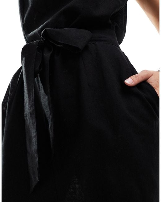 Monki Black Linen Sleeveless Jumpsuit With Tie Belt Detail