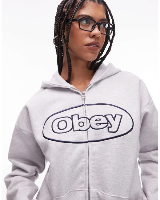 Sweat à capuche en tissu ultra-épais avec fermeture éclair et logo ovale - clair Obey en coloris White