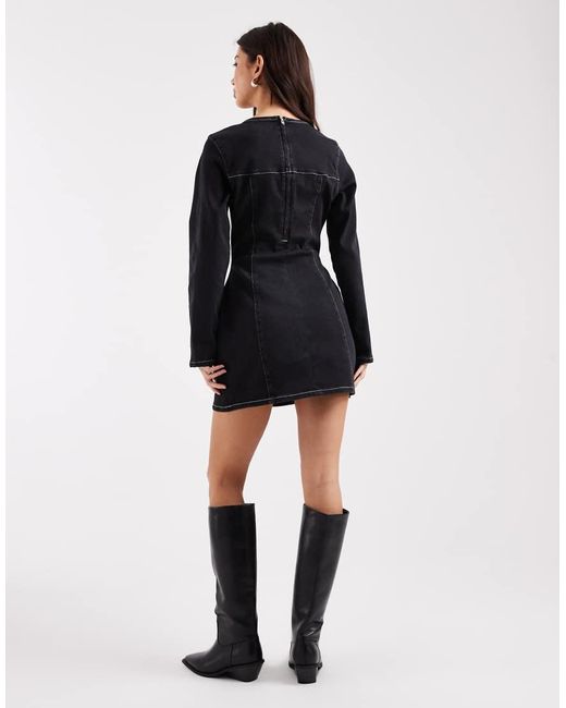 ASOS Black Cinched Waist Structured Denim Mini Dress With Long Sleeve