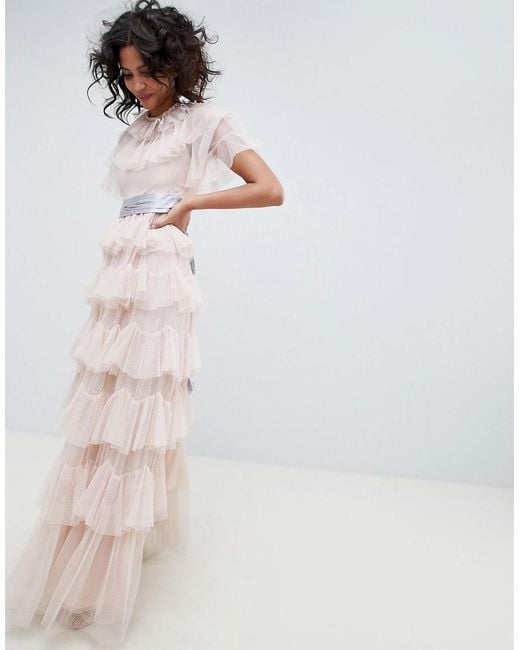 Needle & Thread Pink Tiered Maxi Gown With Waistband In Rose