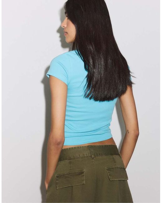 Stradivarius Blue Basic Short Sleeve Round Neck T-shirt