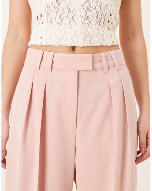 ASOS Natural Tailored Wide Leg Trousers With Pleat Detail