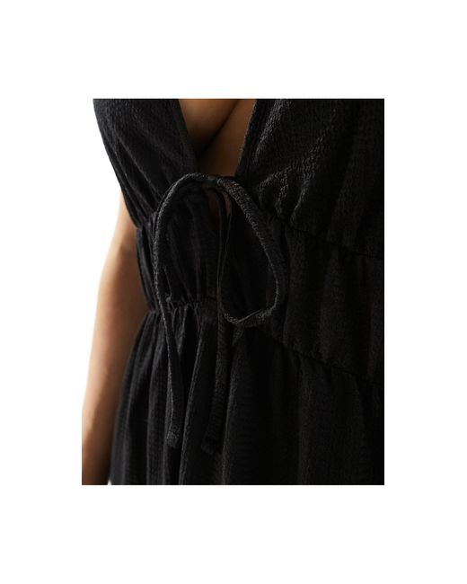 Y.A.S Black Textured Double Strap Tie Front Cami Maxi Dress