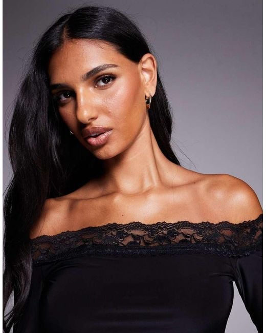 Fashionkilla Black Exclusive Double Sculpted Slinky Lace Trim Bardot Long Sleeve Top
