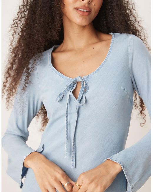 ASOS Blue Soft Denim Mini Dress With Bow Front Detail