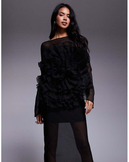 ASOS Doorschijnende Maxi-Jurk Met Lange Mouwen En Oversized Ruche Bloem Op Het Lijfje in het Gray