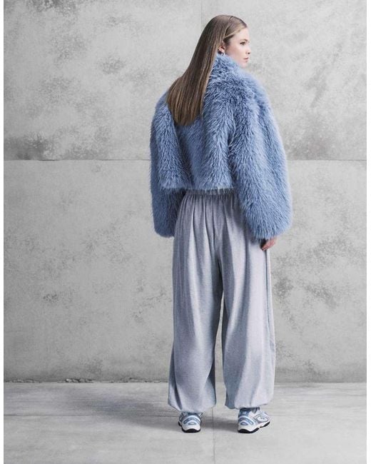 Aria Cove Blue Mongolian Faux Fur Wide Sleeve Cropped Jacket