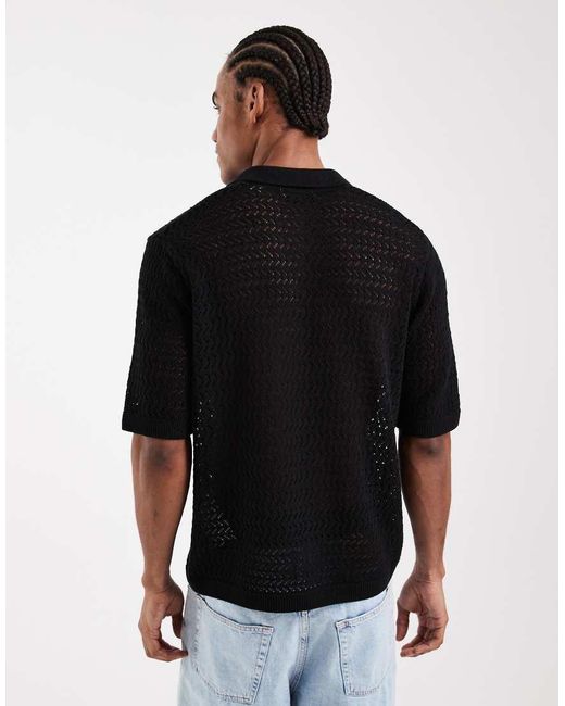 Only & Sons Black Open Knit Split Neck Polo for men