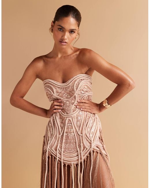 Robe bandeau courte et ornementée avec ourlet à franges - bronze ASOS en coloris Natural