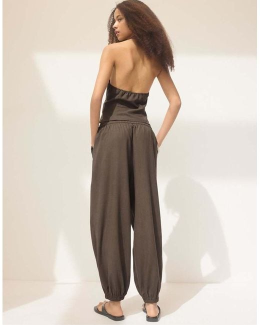 Stradivarius Natural Linen-Effect Sarouel Trousers