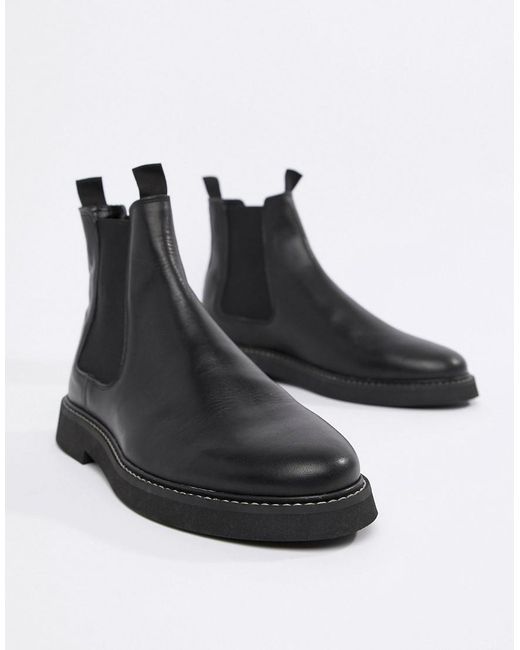 ASOS Chelsea Boots In Black Leather With Chunky Sole for Men Lyst